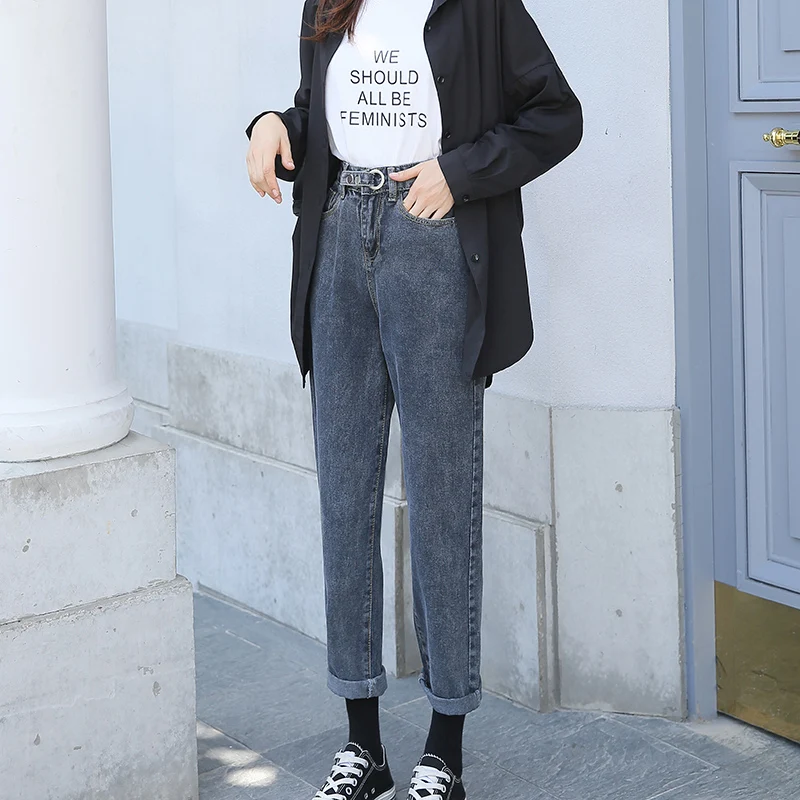 

Autumn Women High Waist Slim Straight Jeans Lady Students Wide Legs Radish Pants Female Jeansy Streetwear Harem Length Trousers