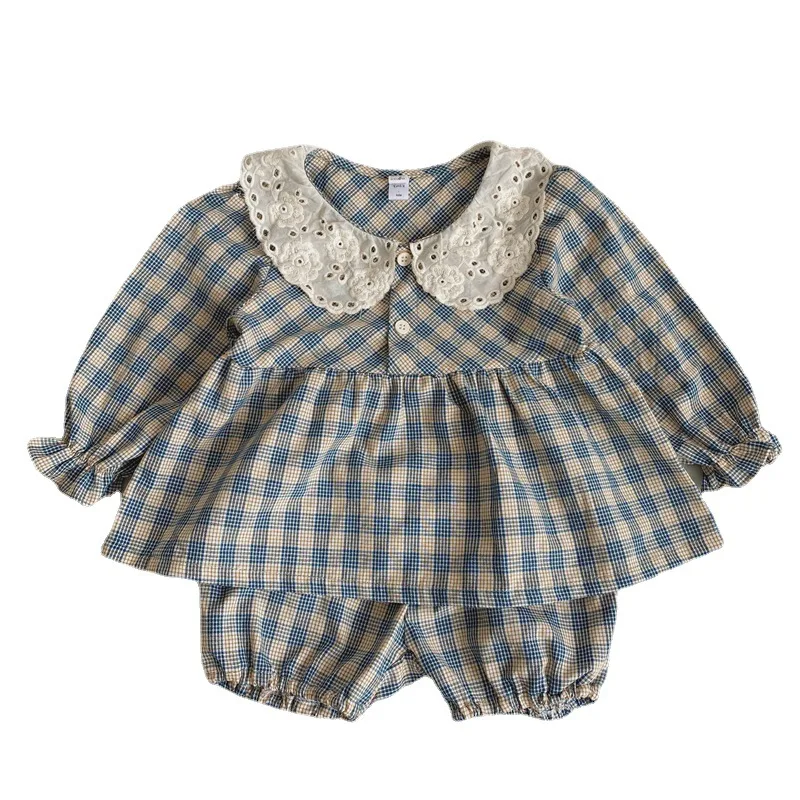 

Children Clothes New Retro Girls' Plaid Shirt and Shorts Two-Piece Sets