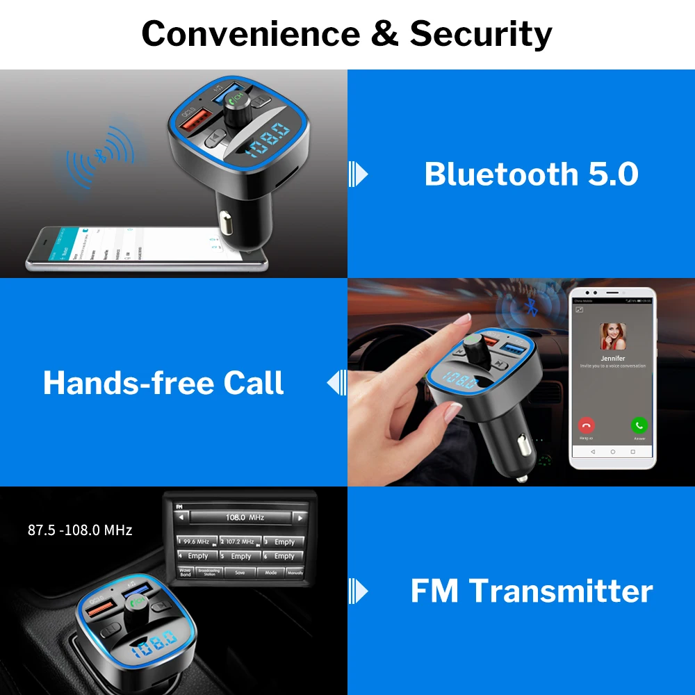 Fm-передатчик Bluetooth 5,0 автомобильный модулятор беспроводной комплект громкой связи Авто Аудио MP3 плеер Быстрая зарядка QC3.0 двойной USB зарядное устройство