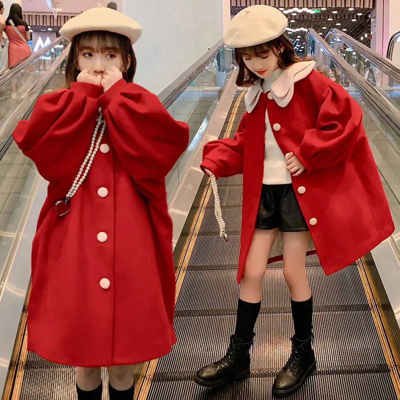 

Girls Winter Woolen Coats Thicken Red Jackets Mid-Length Warm Outerwear Children Fashion Christmas Sweet Princess Kids Costumes