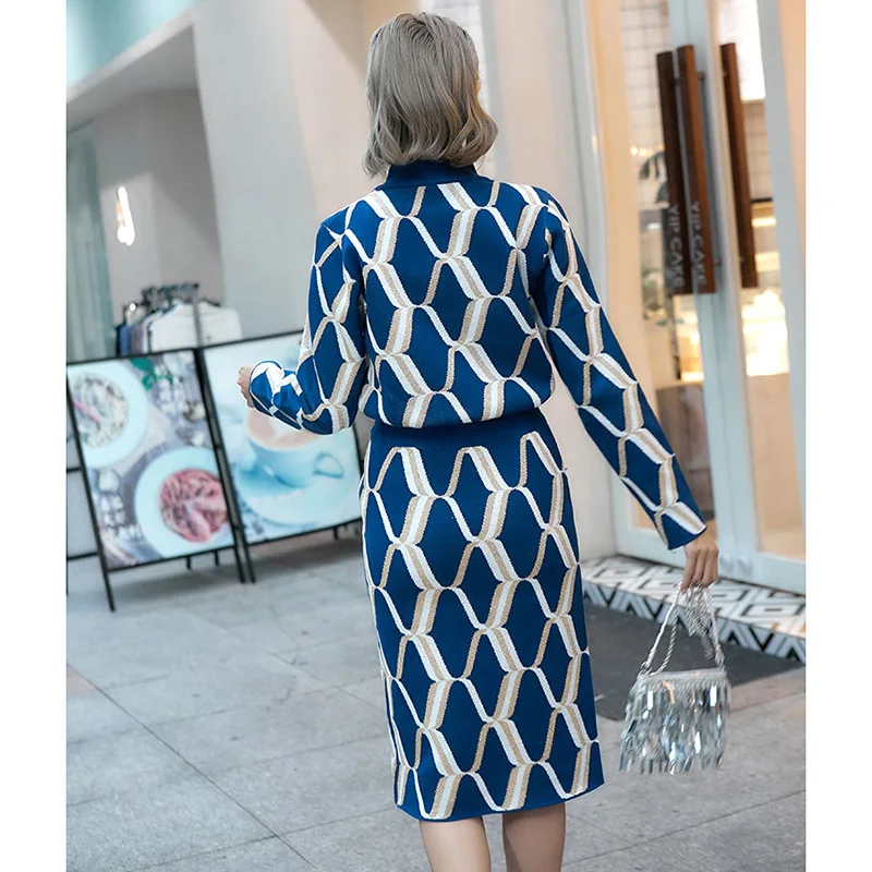 

Autumn Winter Women Knitted Sweater Pullover Suits 2 Piece set and Elastic Waist Slim Knit stripe Pattern skirt Set Female R407