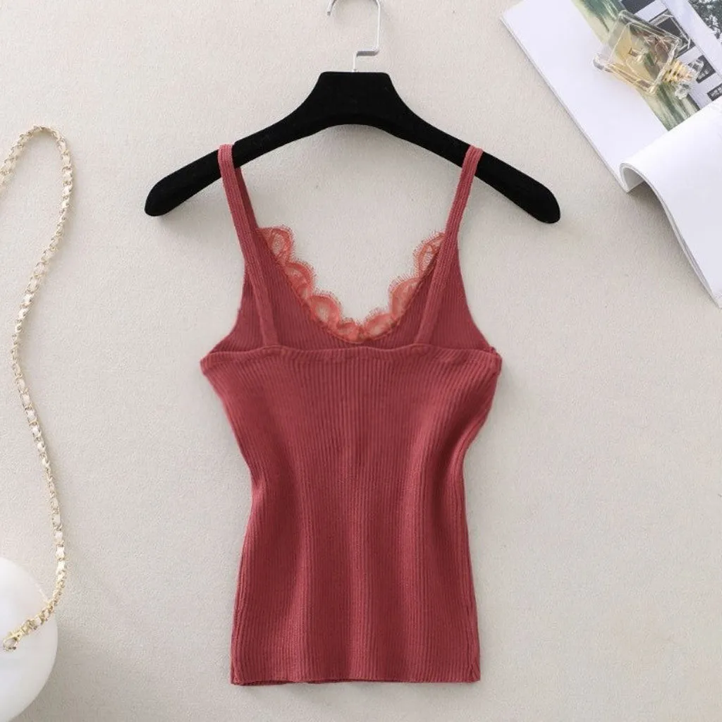

Fashion Camisoles Women Sleeveless Knitting Vest V-Neck Ladies Solid Lace Tank Tops Women's Intimates Skinny Vest Lady Bralette