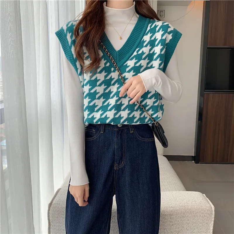 

2021 Fashion Houndstooth Print Knitted Top Women V Neck Sweater Vest Sleeveless Loose Fit Tank Tops for Female
