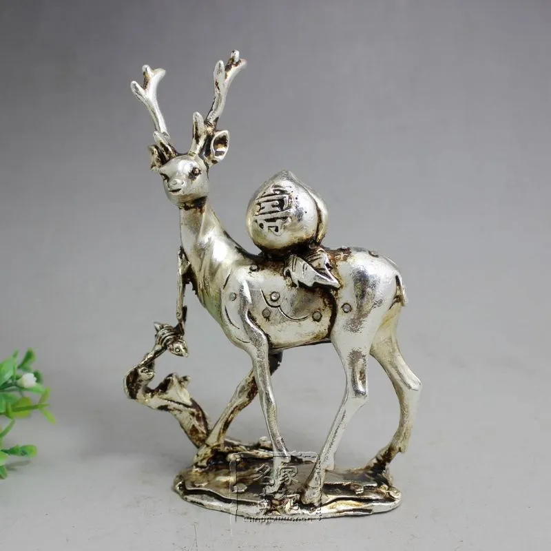 

China old tIbet Miao Silver Carved deer with a peach on the back statue