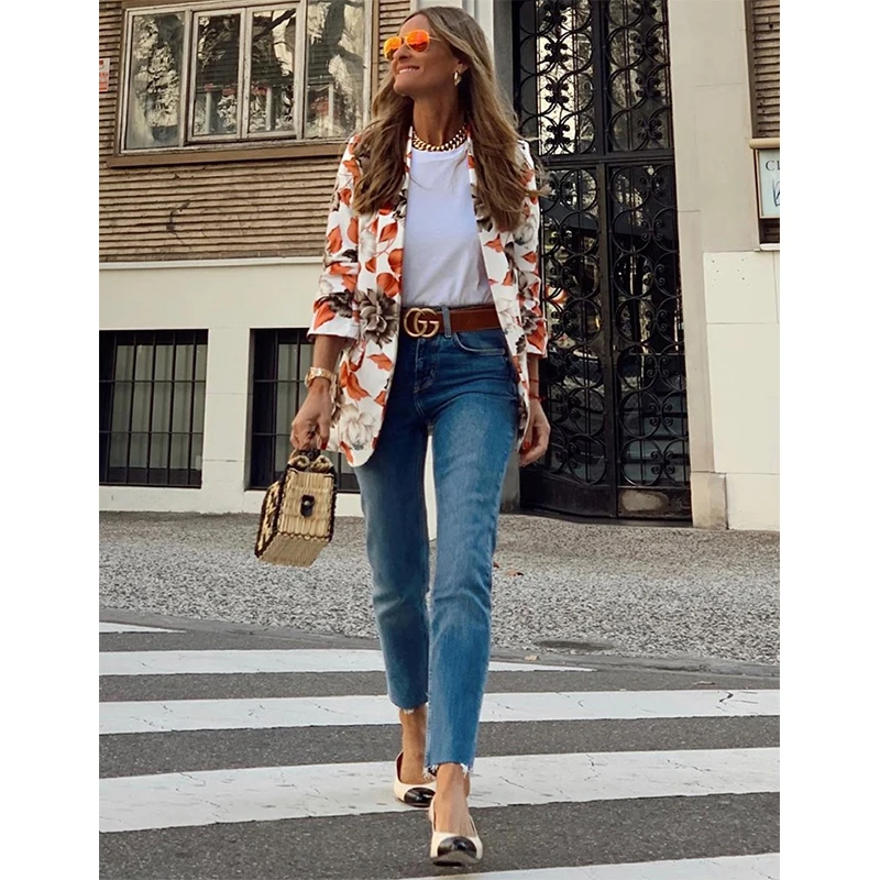 Женские блейзеры с цветочным принтом элегантные модные куртки длинным рукавом и