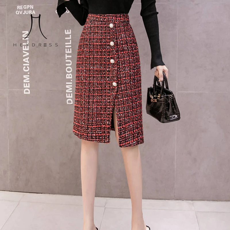 Heydress 2019 зимние женские клетчатые длинные юбки карандаш на пуговицах шерстяные