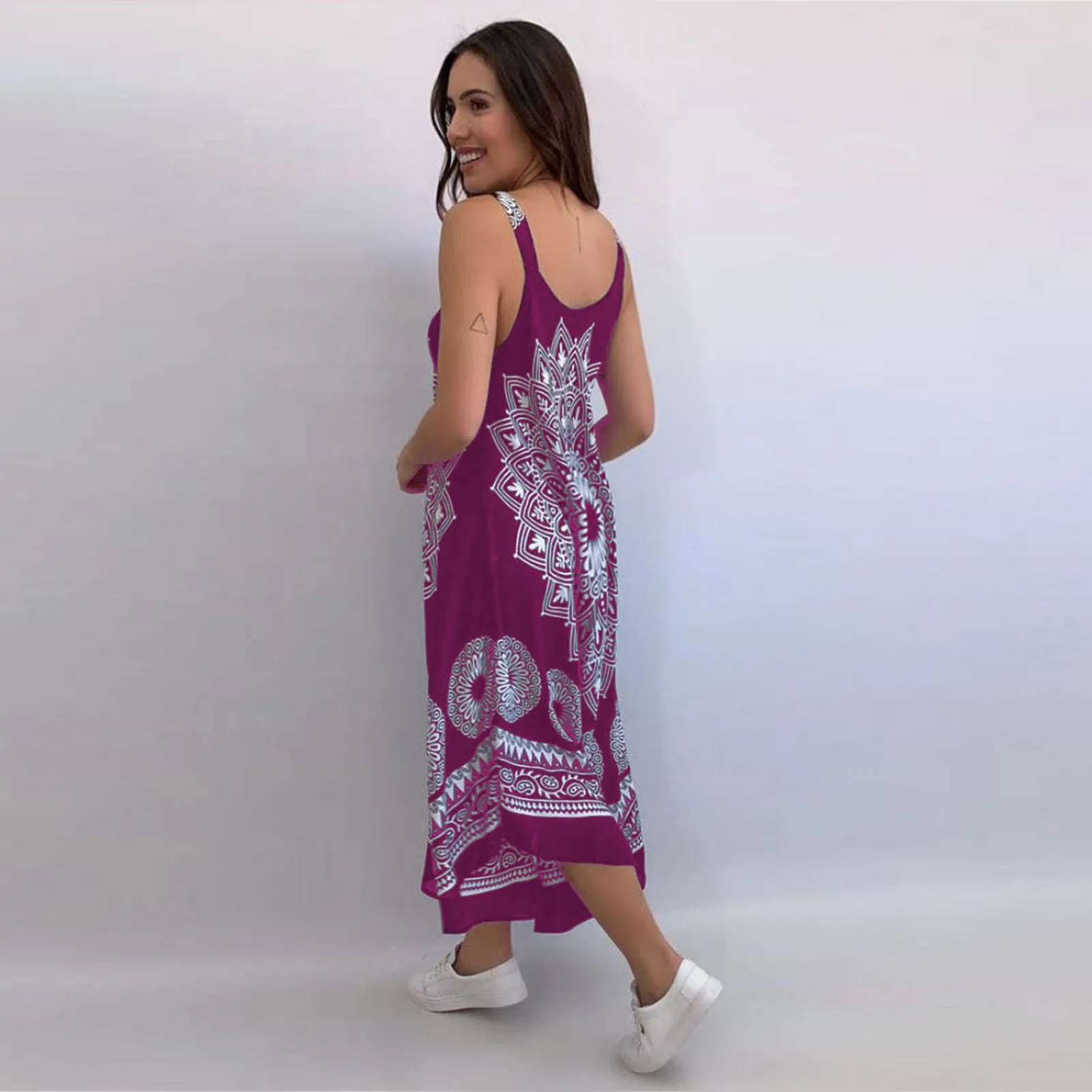

45#2021 Vintage Print Long Boho Dress Womens Lady Beach Summer Dress 2021 Casual Sundress Suspender Robe Femme Sukienki Damskie