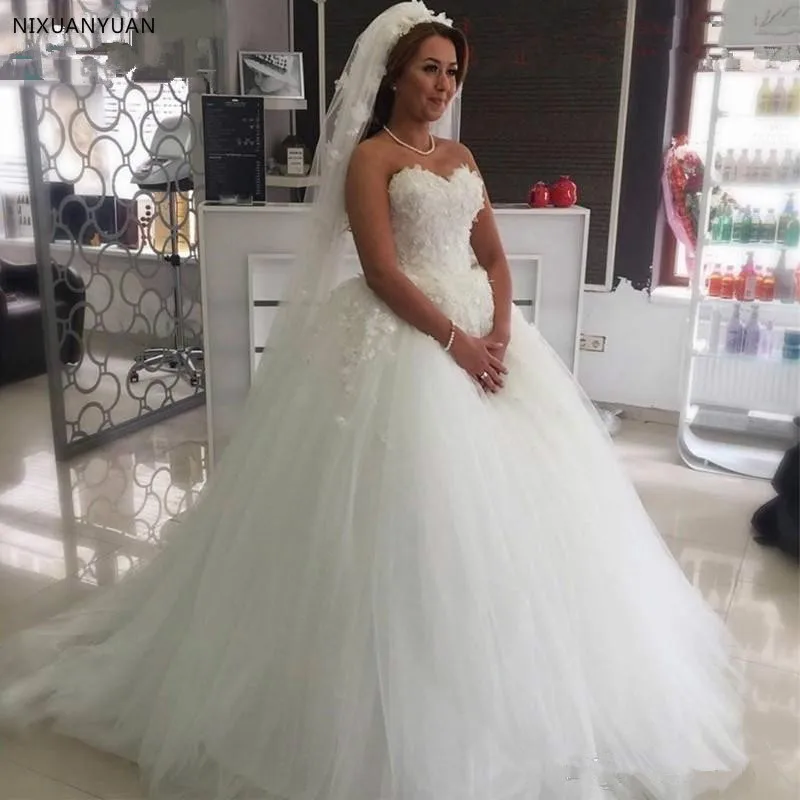 

White Ball Gown Wedding Dresses Flower Appliques Sweethe Princess Wedding Dress Tulle Lace 2021 Bride Bridal Gown