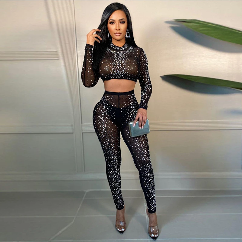 

Woman Studded Diamond Sexy See Through Mesh Long Sleeve Crop Top Bodycon Pencil Leggings 2021 Matching 2 Piece Sets Club Outfits