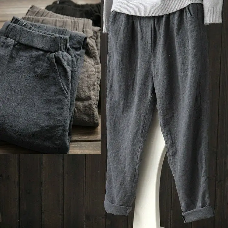 

Women Cotton Linen Harem Trousers Pants Baggy Loose Elastic Waistband M-5XL New Grey Black Blue Pants 904-277