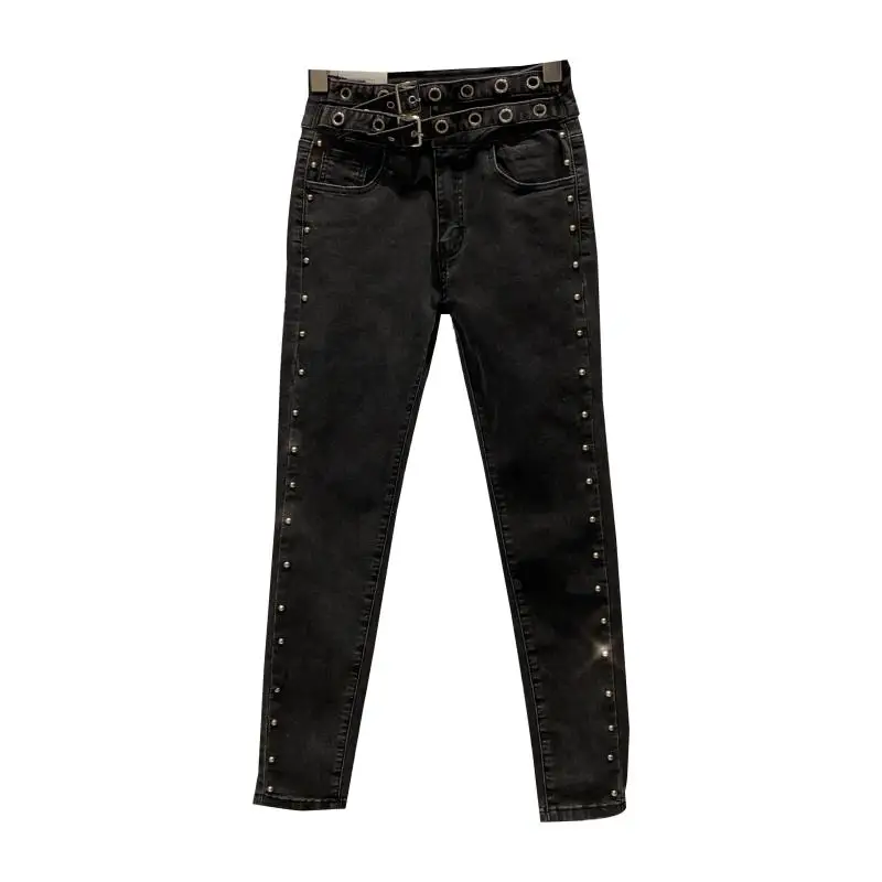 

2020 New Autumn Fashion Casual Rhinestone Metal Slim Black Sashes Elastic Skinny Pants Jeans Women C182
