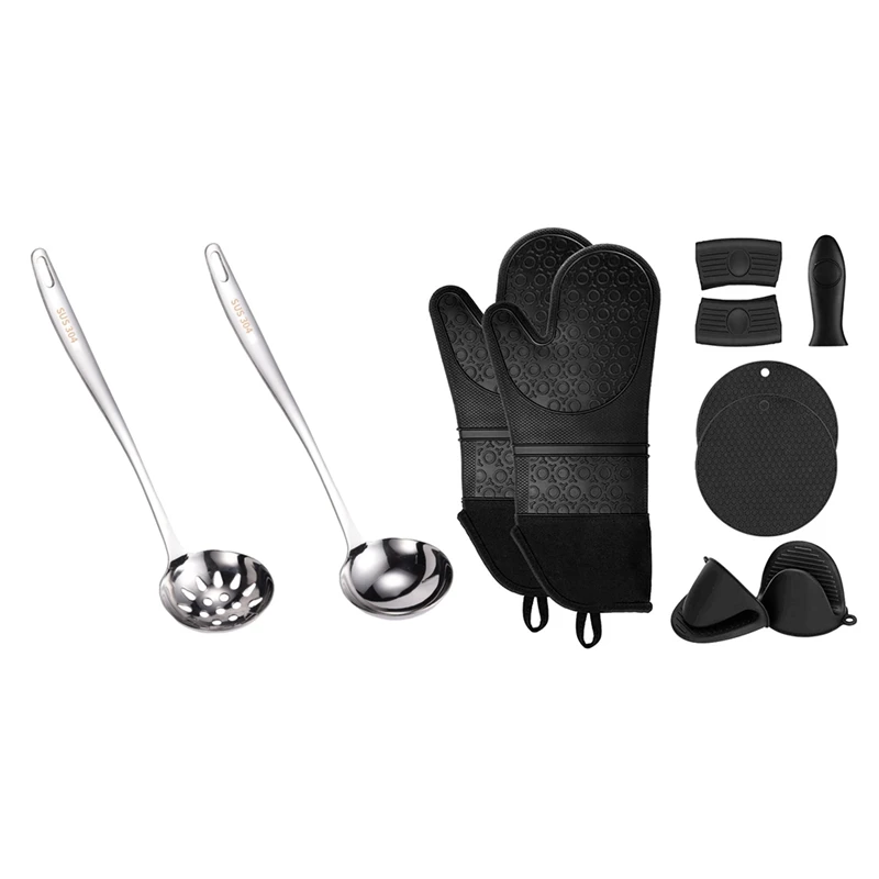 

2 Pcs Slotted Spoon And Soup Ladle With Extra Long Silicone Oven Mitts And Pot Holders Sets