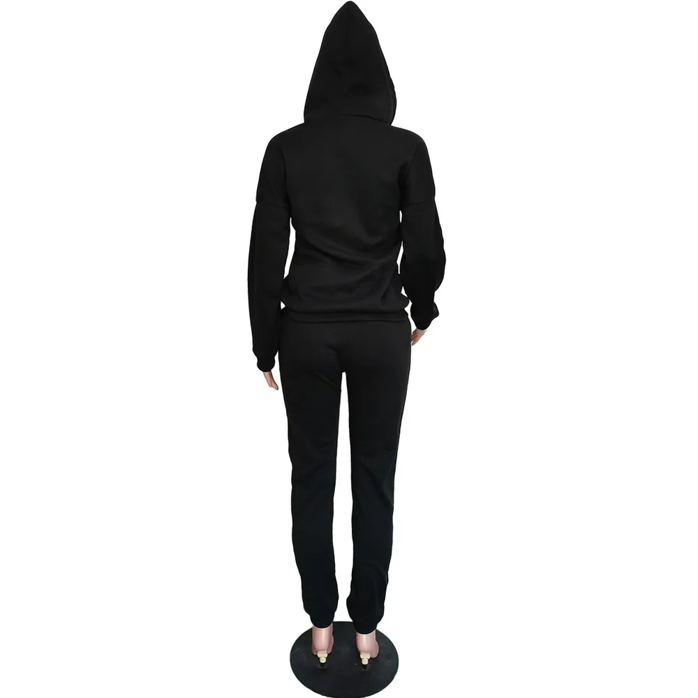 

Black One-piece Pockets Hooded Letter Print Sweatshirt Ankle-Length Tie Feet 2 Pockets Bodycon Pants Street Casual Two Piece Set