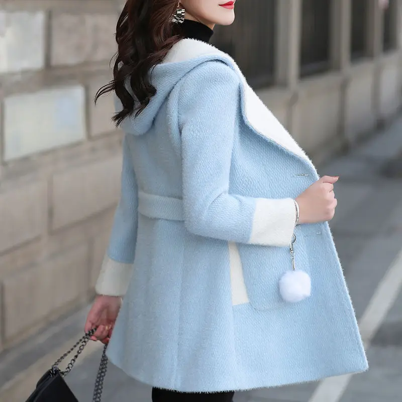 

2021 Women High-end Imitate Mink Bown Woolen Coat New Female Hooded Jacket Ladies Fashion Overcoat Spring Autumn Woolen Coats
