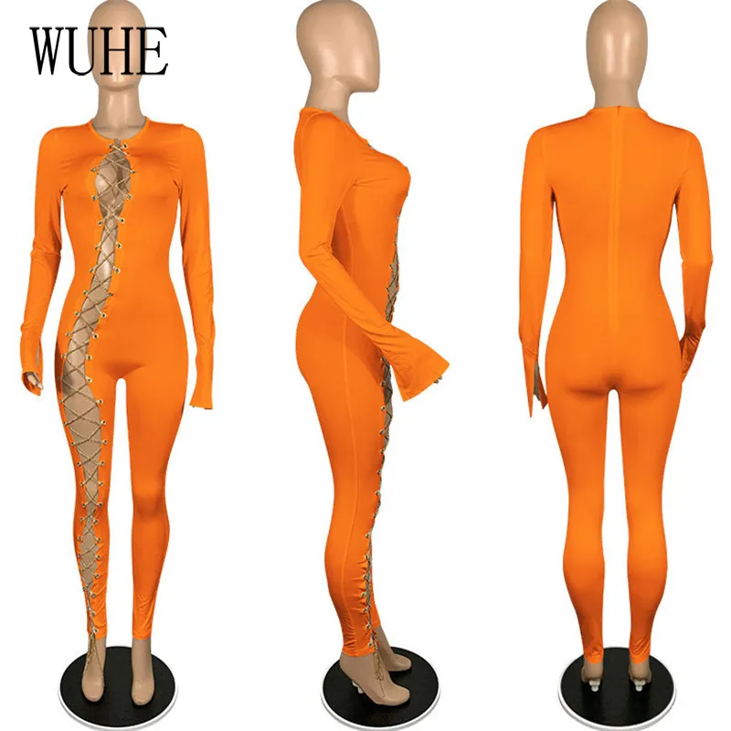 

WUHE Hollow Out Patchwork Cross Chain Jumpsuits Long Sleeve V Neck Side Split Skinny Package Hip Party Nightclub Sexy Streetwear