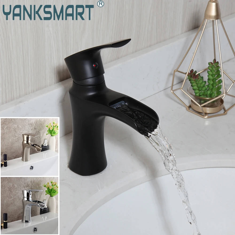 

YANKSMART Matte Waterfall Basin Faucet Sink Mixer Bathroom Faucet Black Deck Mounted Faucets Hot And Cold Water Taps