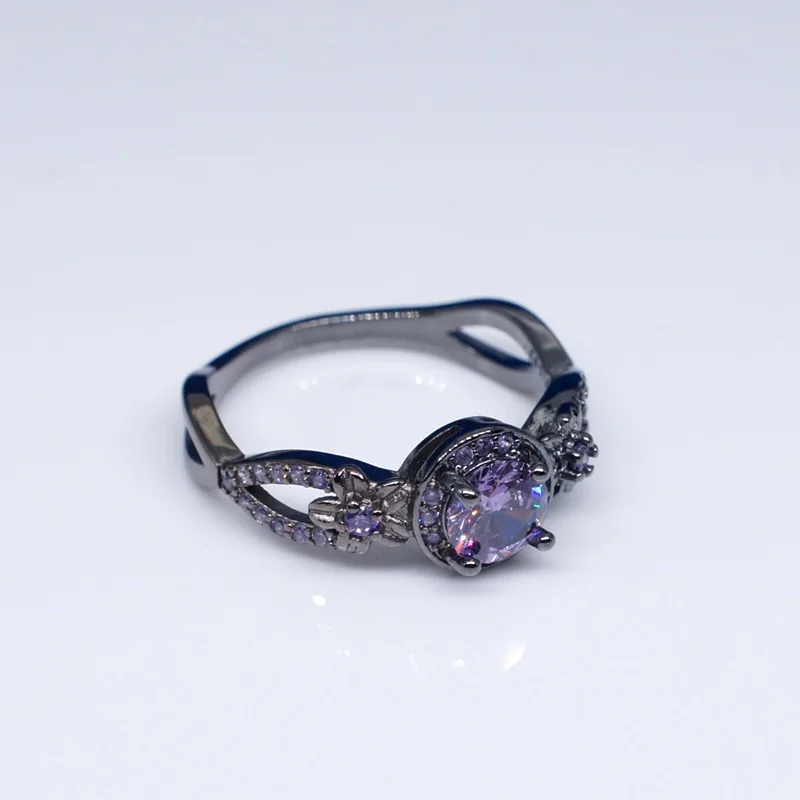 

OMHXZJ Wholesale European Fashion Woman Man Party Wedding Gift Round Red Purple Amethyst AAA Zircon 18KT Black Gold Ring RR823