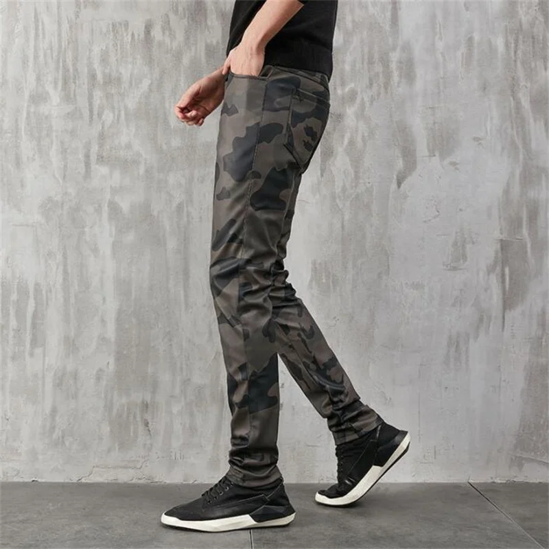 Camouflage straight leather trousers men's motorcycle pants 2021 spring autumn winter fashion new slim fit thin young large