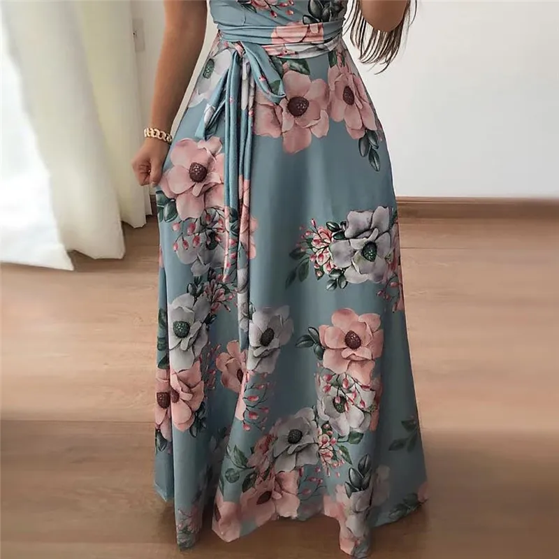 

KP Women Summer Dress 2019 Casual Short Sleeve Long Dress Boho Floral Print Maxi Dress Bandage Elegant Dresses Vestido
