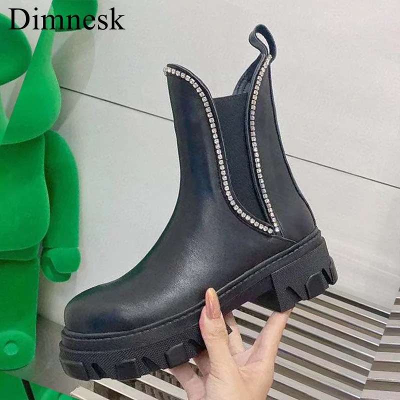 

Thick Sole Chunky Heel Chelsea Boots Women Real Leather Rhinestone Decor Elastic Band Ankle Botas 2021 Platform Motorbike Boots