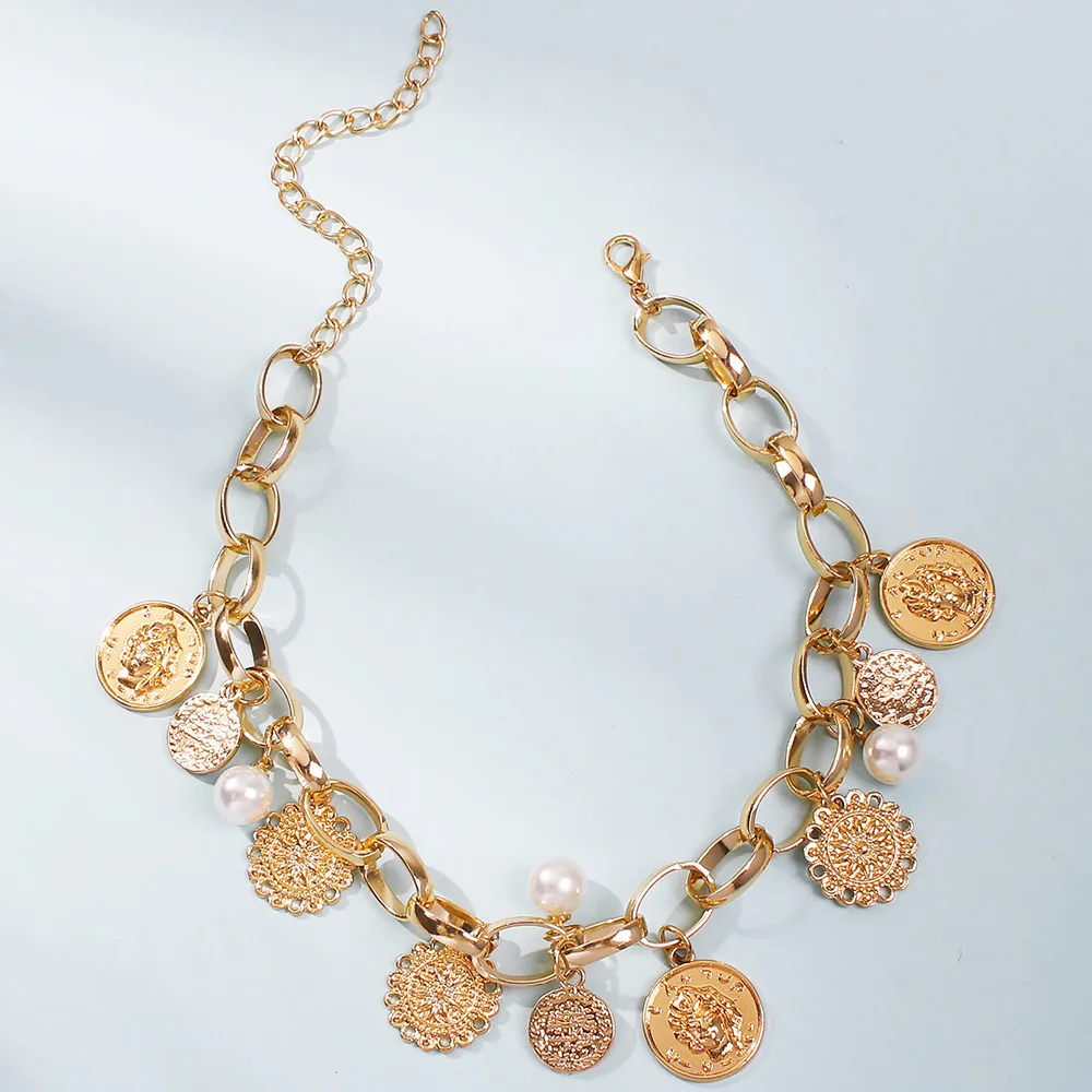 

Punk Coins Pedant Necklace for Women Gold Color Cuban Chains Link Choker Baroque Pearl Women's Rock Chunky Collar Necklace Charm