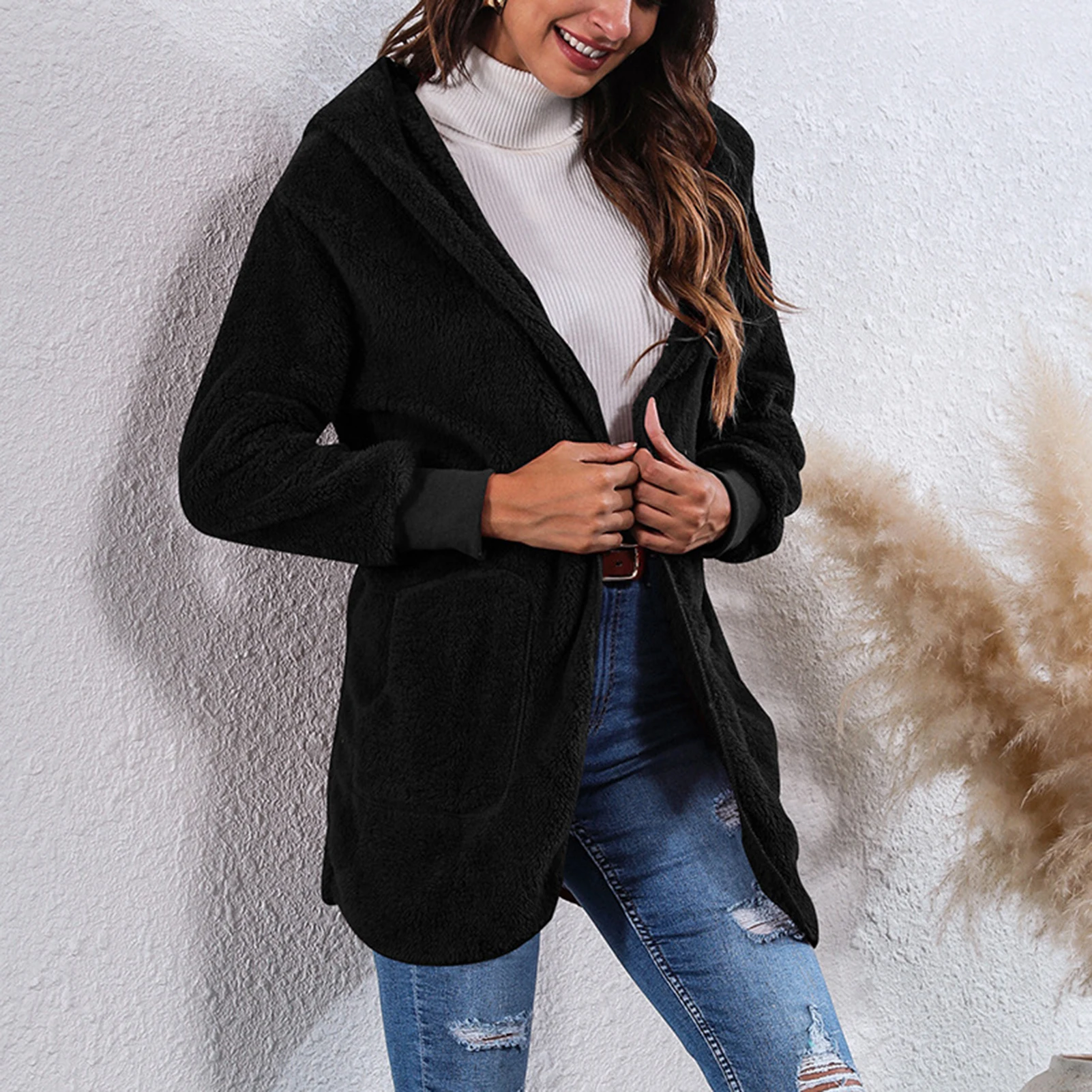 

Women Long Sleeve Solid Color Coat Plush Pockets Autumn Winter Warm Outerwear Women Clothing