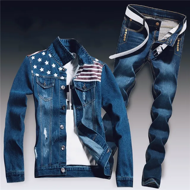 Spring Mens Denim Two Piece Set Hole 