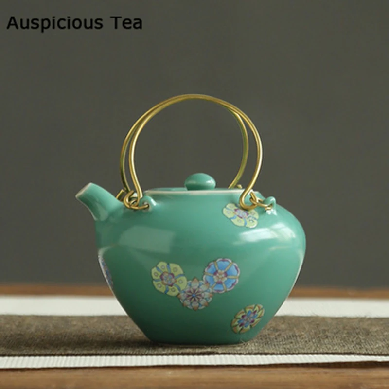 

Turquoise Glazed Handmade Ceramic Teapot Japanese Style Small Loop-handled Teapot Flower Art Teakettle Kung Fu Tea Maker Teaware