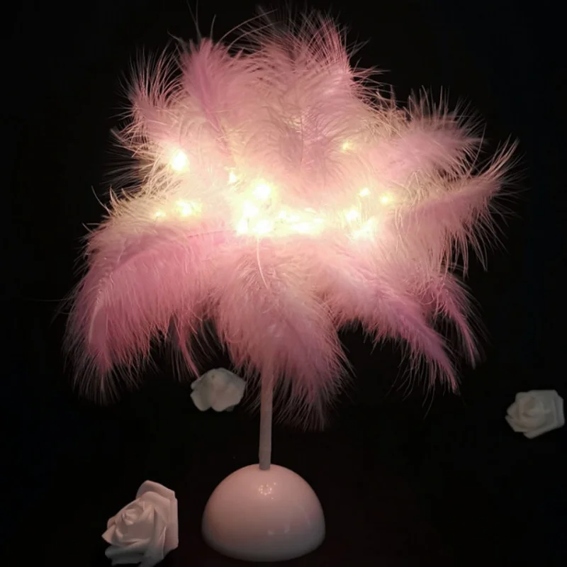 

Romantic Feather Table Lamp Tree Shape Led Wedding Decorative Girl Bedroom Sweet Light Night Light Led Lamps Home Living Room