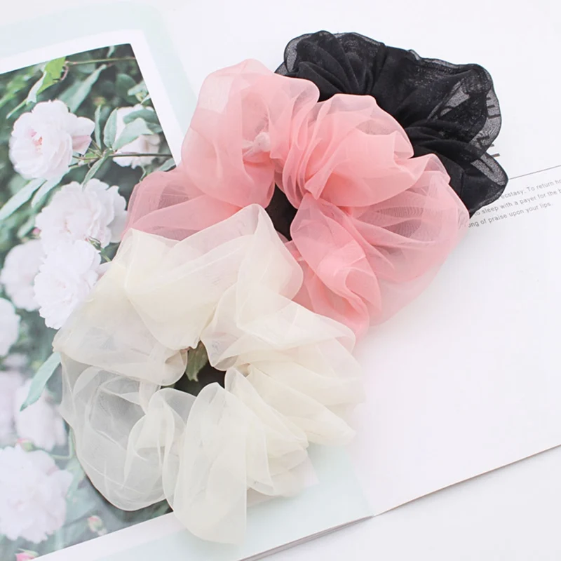 1PC Transparent Solid Tulle Elastic Hair Bands Women Sweet Mesh Chiffon Scrunchie Tie Rope Braiding Tools Rubber Band | Красота и