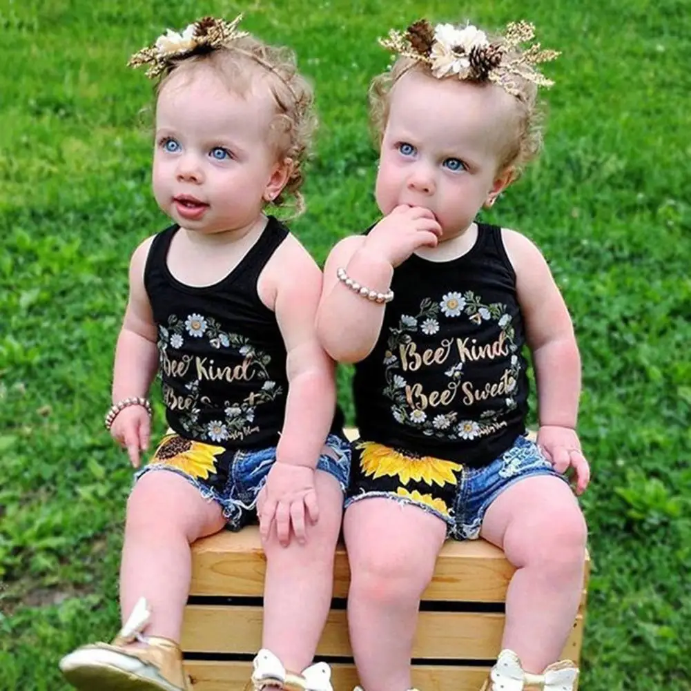 

2Pcs/Set Baby Shirt Set Sleeveless T-shirt Set O Neck Cotton Skin-friendly Soft Flower Printed Toddler Girl Clothes Kit for Kids