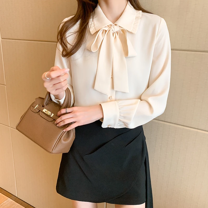 

COIGARSAM Loose Shirt Womens tops New Spring Chiffon Bow Belt Women shirts Beige 8370