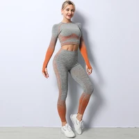 seamless quick dry clothes tight long sleeved workout clothes striped knit tracksuit yoga wear gym set women gym clothes women