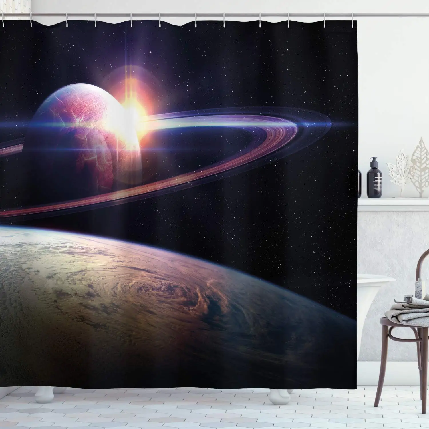 Galaxy Shower Curtain Sunset in Outer Space Universe Saturn View from Planet Earth Atmosphere Spaceship Bathroom Decor Set | Дом и сад