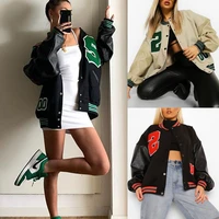 womens bomber jackets autumn and winter fleece style print letter loose hip hop baseball uniform jacket embroidery leather coat