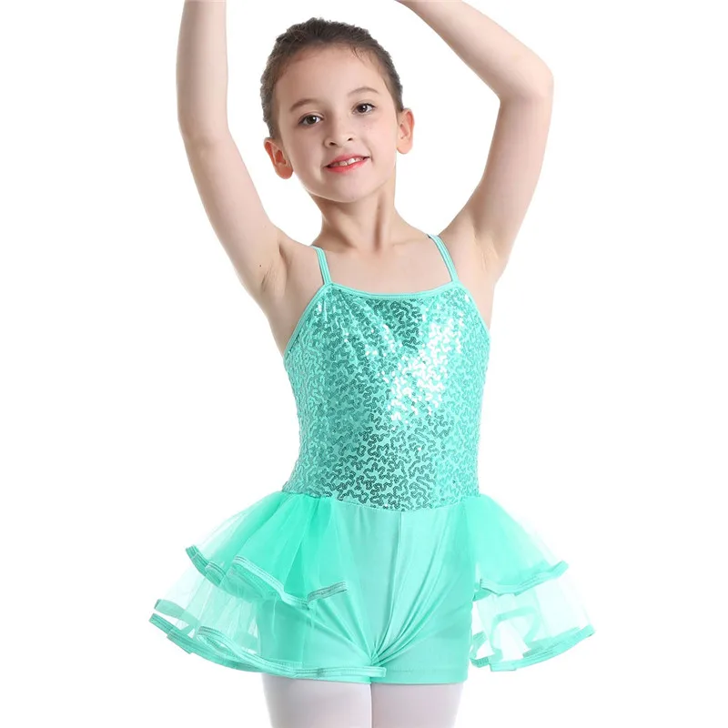 Детский танцевальный комбинезон для девочек; Детский комбинезон на бретельках с блестящими блестками; многослойное Сетчатое трико гимнастическое для балетов танцевальный сценический костюм