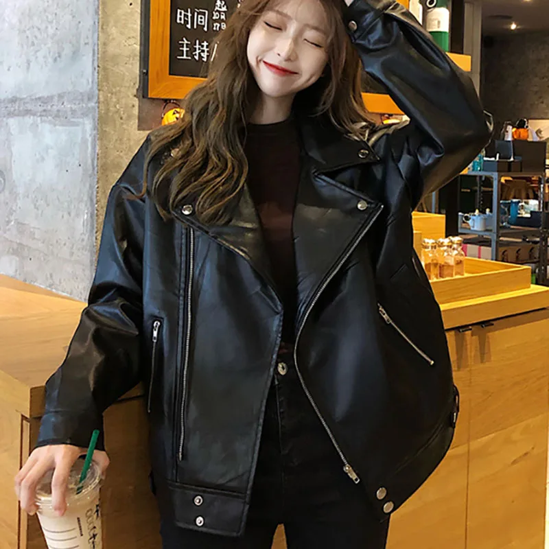 2021 Autumn Women Pu Leather Jacket Woman ZipperLoose casual all-matchShort Coat Female Black Punk  Leather  the street Outwear