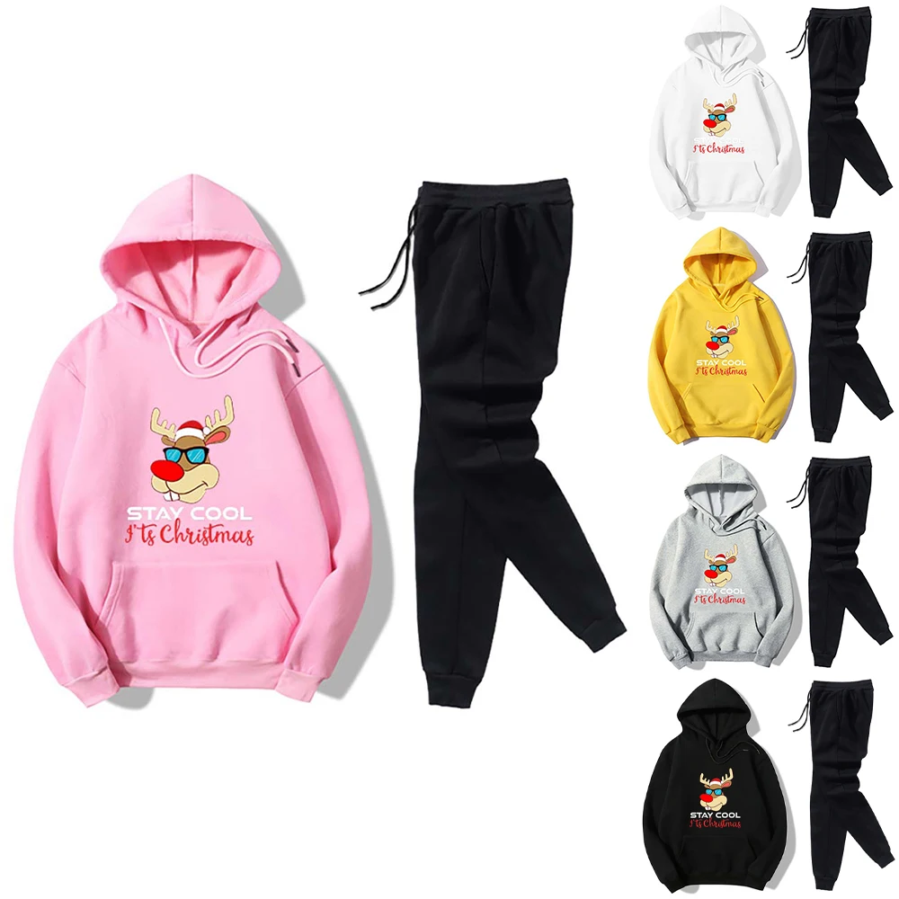 

Christmas Women 2 Piece Set Hoodie Pants Elk Letter Printed Tracksuit Pullover Sweatshirt Trousers with Pockets Tracksuit Suits