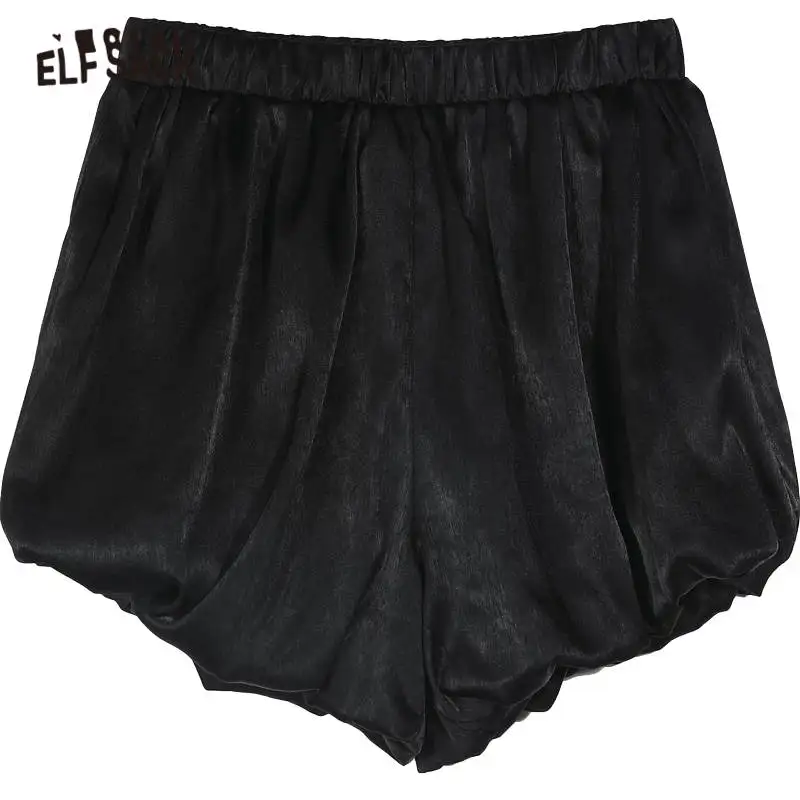 

ELFSACK Black Solid High Elastic Waist Casual Women Pumpkin Shorts 2020 Summer ELF Pure Korean Girly Daily Wide Leg Daily Bottom