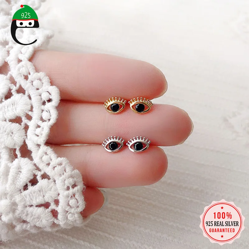

ElfoPlataSi Real 925 Sterling Silver Fashion Gold Eye Black CZ Stud Earring For Women Wedding Mother's Day Fine Jewelry DA2052