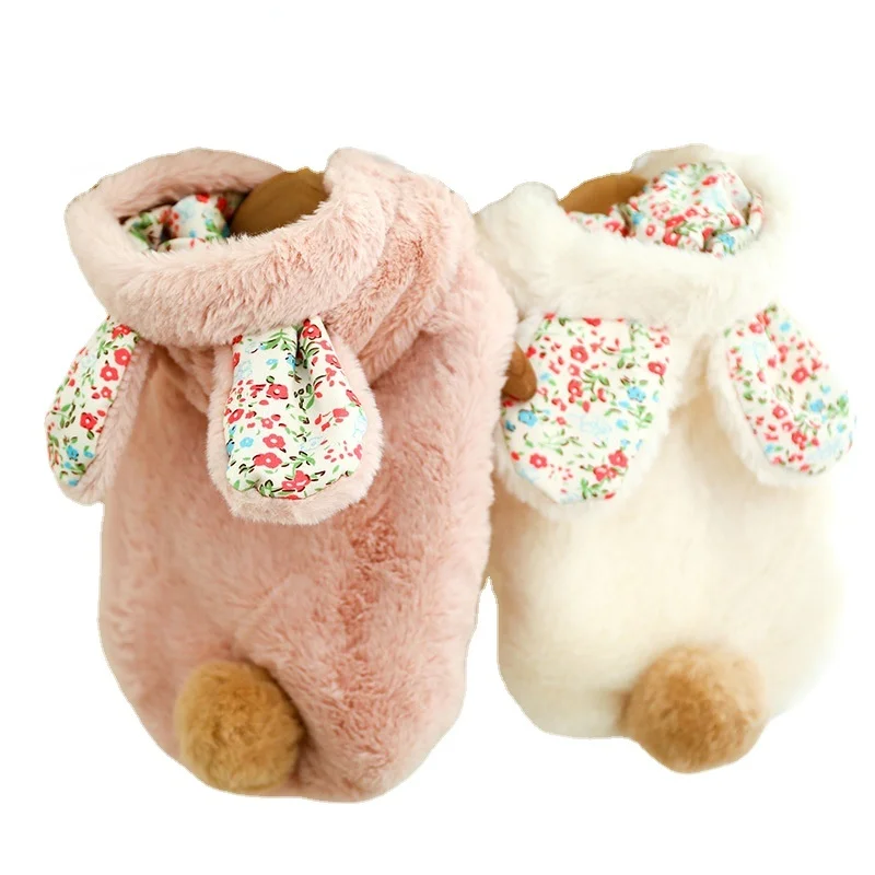 

Autumn/Winter Pet Clothes Warm Dog Parkas Flower Print Thicken Dogs Down Coat Rabbit Big Ears Puppy Hoodie Pink Jacket Costume