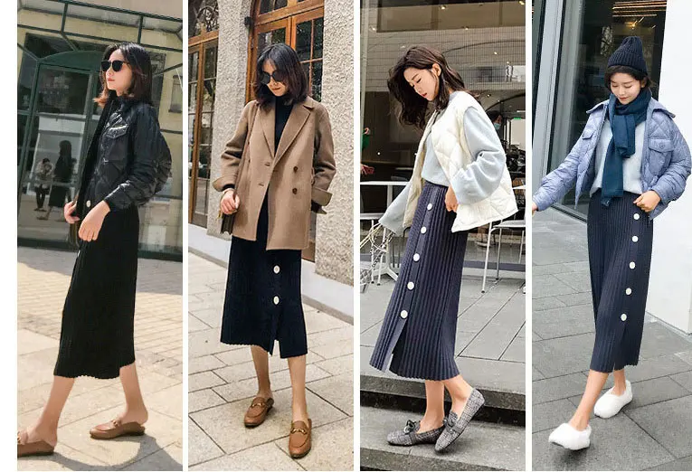 Осенне-зимние эластичные юбки с высокой талией для женщин s Faldas Mujer Moda Jupe вязаные плиссированные юбки женские тонкие юбки на пуговицах