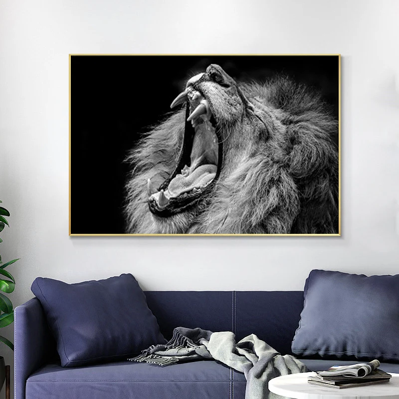 

Canvas Paintings Black White Africa Wild Animals Roaring Lion Posters and Prints Wall Pictures Living Room Home Decoration