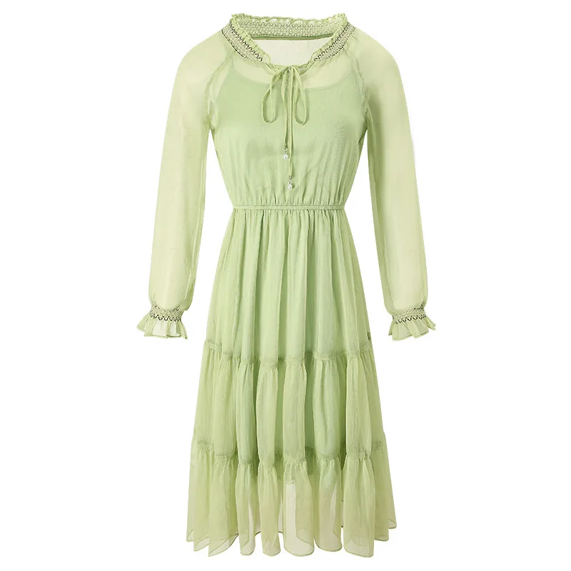 

2020 spring new brand women's V-neck trumpet Sleeve Ruffle temperament light mature Chiffon Dress 63362