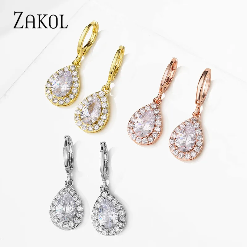 Женские серьги-кольца с кристаллами циркония ZAKOL модные классические блестящие