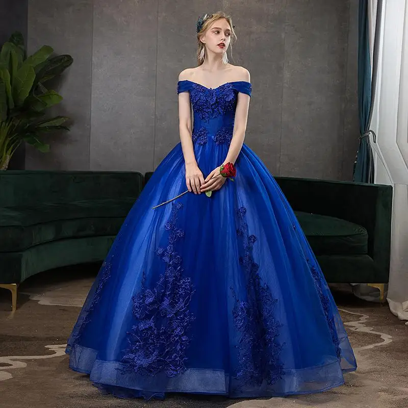 Gryffon Quinceanera платья Роскошные кружевные вечерние платья с открытыми плечами длина до пола бальное платье сладкий цветочный принт выпускного бала Quinceanera - Цвет: Синий