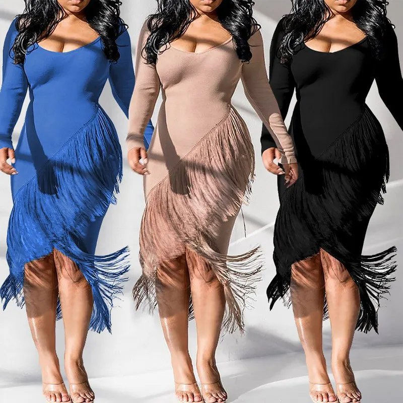 

Woman V Neck Long Sleeves Sexy Skinny Irregular Hem Tassel Dress Lady Sexy Formal Evening Party Dress Cocktail Dress Robe Femme