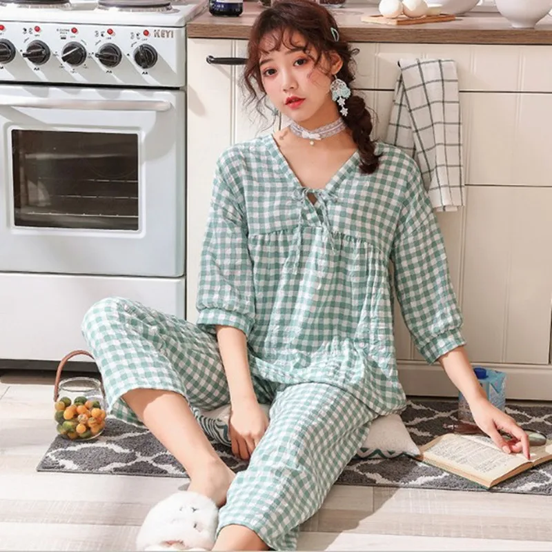 

New Pajamas Women's Plaid 3/4 Sleeve Pant Set V-Neck Seersucker Cotton Pyjamas Women Spring Summer Sleepwear Pijama Home Suit