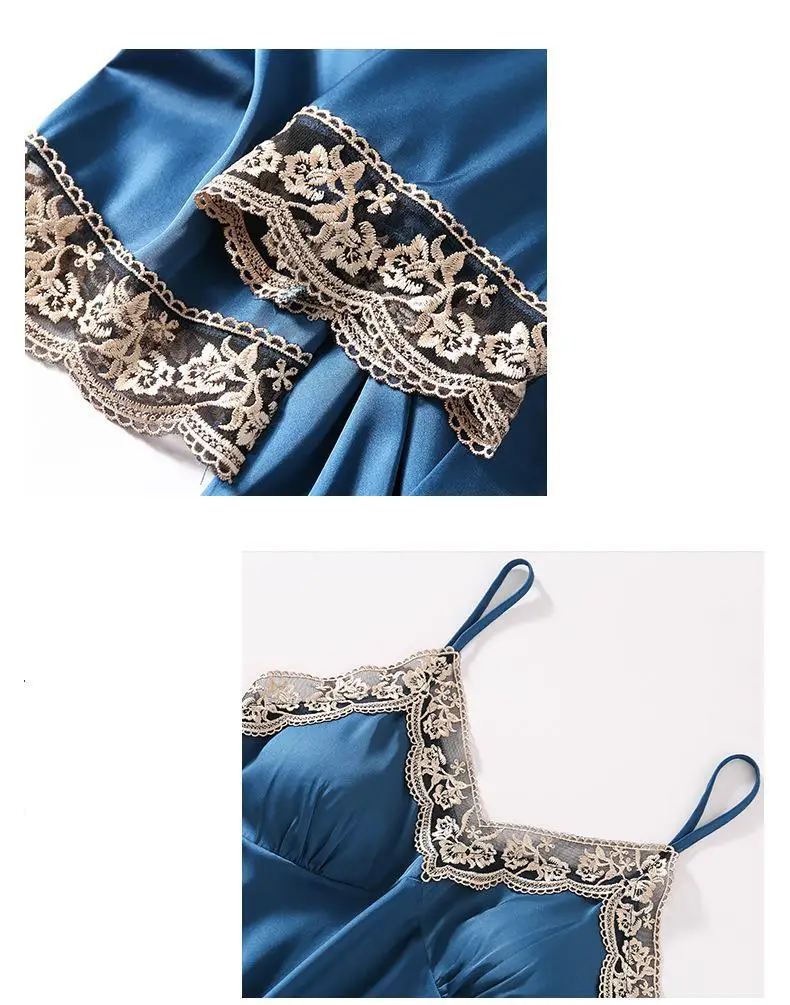 

Women Blue Pajamas Set Sexy Lace 4PCS Sleepwer V-neck Sleep Set Blue Satin Kimono Gown Female Silky Pyjamas Suit Homewear