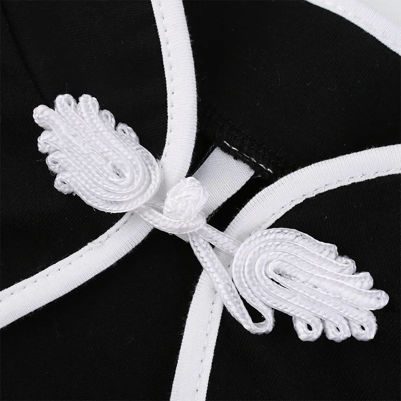 

Black Chinese-style Women Cheongsam 2020 Summer Lady Short-sleeve Stand Neck Mini Dress Buckle Dresses Elegant Hollow Out Slim